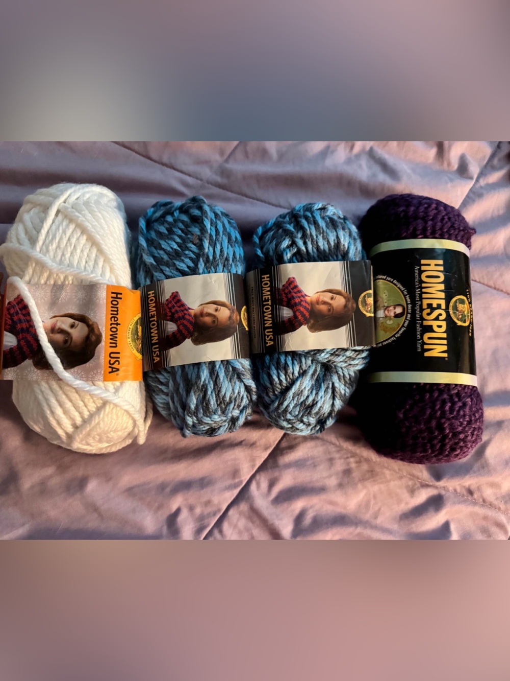 Homespun & Hometown USA Yarn Bundle - White, Blue Mix, Purple